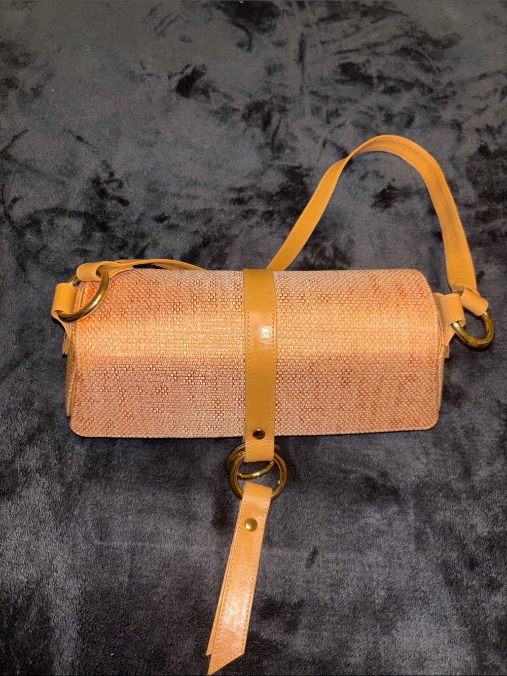 Stuart Weitzman Peach Woven Barrel Shoulder Bag with Tan Trim